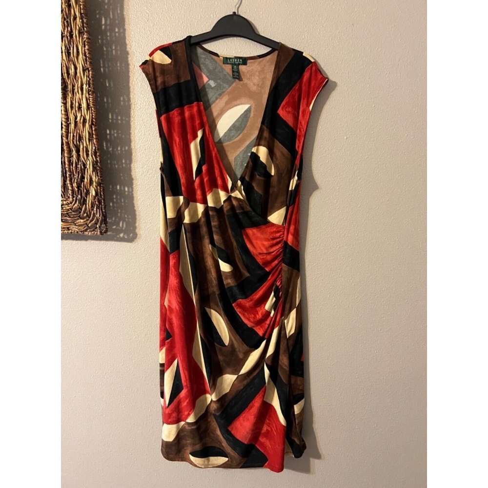 Ralph Lauren Red Black Brown Stretch Dress Washable 1X - Picture 6 of 7